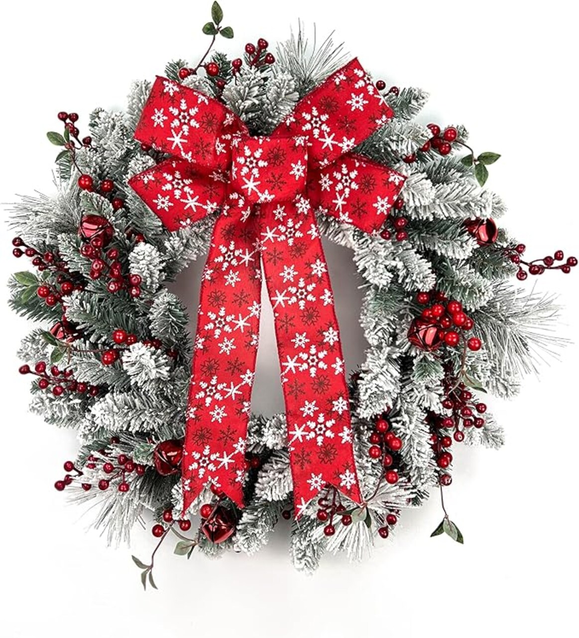 24 Inch Christmas Wreath for Front Door Artificial Wreath Adorned with Pine Branches, Berries, Snowflakes, and Red Ribbons,for Christmas Decorations Indoor and Outdoo